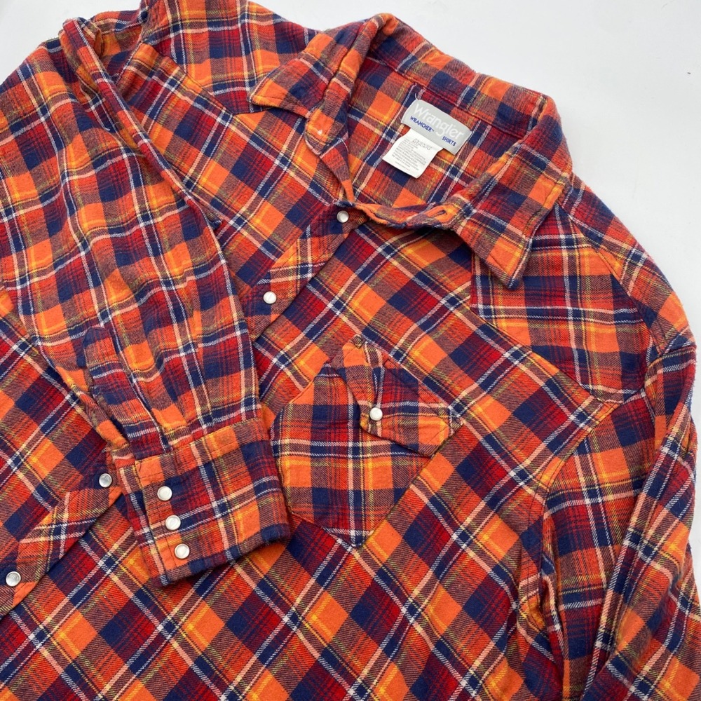 Wrangler Wrancher Pearl Snap Flannel Shirt Mens 2X Orange Blue Plaid Western Top